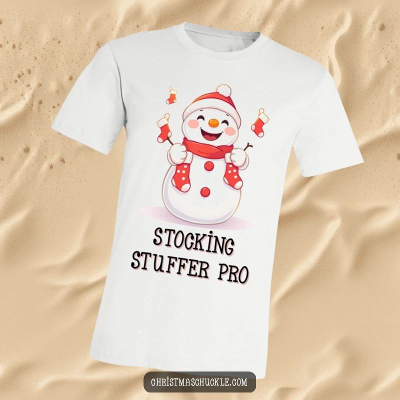 Funny t-shirt featuring a cute kawaii snowman juggling small Christmas stockings with a joyful grin, festive and humorous.