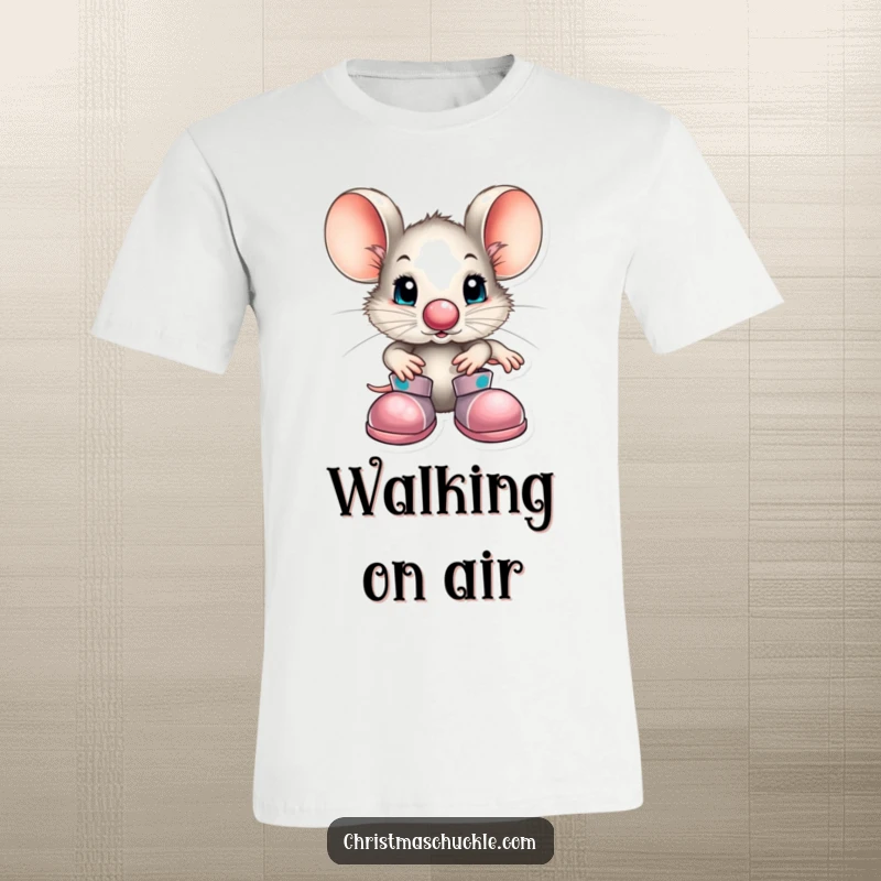 Funny little mouse character with a clown nose and huge shoes on a t-shirt, designed for those who love whimsical humor and cute characters.