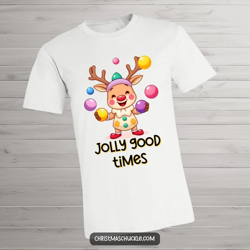 Funny t-shirt showing a smiling reindeer clown juggling brightly colored balls, embodying festive fun and playful energy.