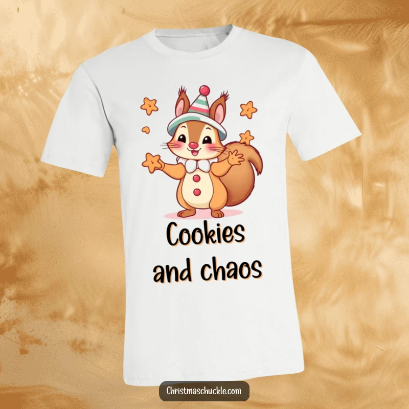 Funny squirrel in a clown costume juggling miniature gingerbread cookies with great concentration, printed on a soft t-shirt.