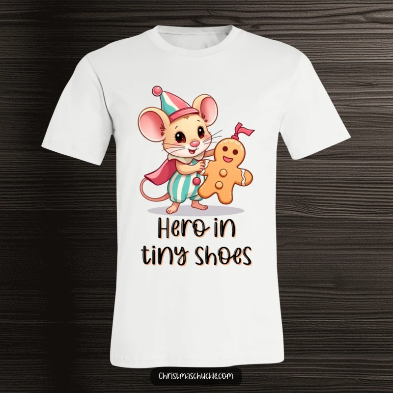 Funny t-shirt featuring an epic scene of a mouse dressed as a clown, heroically saving a gingerbread man.