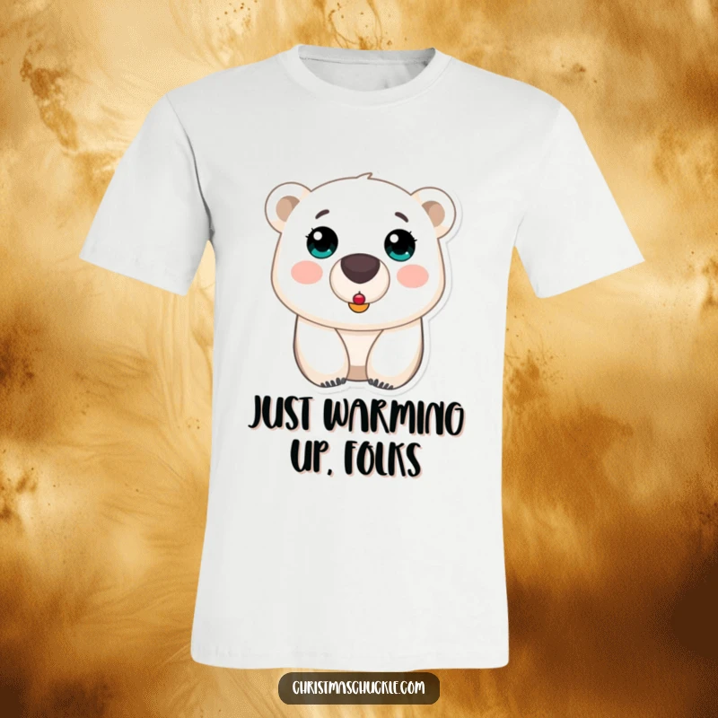 Funny polar bear clown nose t-shirt, a surprised arctic bear wearing a tiny red clown nose, embodying comical bewilderment.