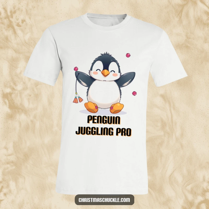 Funny t-shirt showing a fluffy penguin with a clown nose and oversized shoes, attempting to juggle multiple colorful scarves, looking comical.