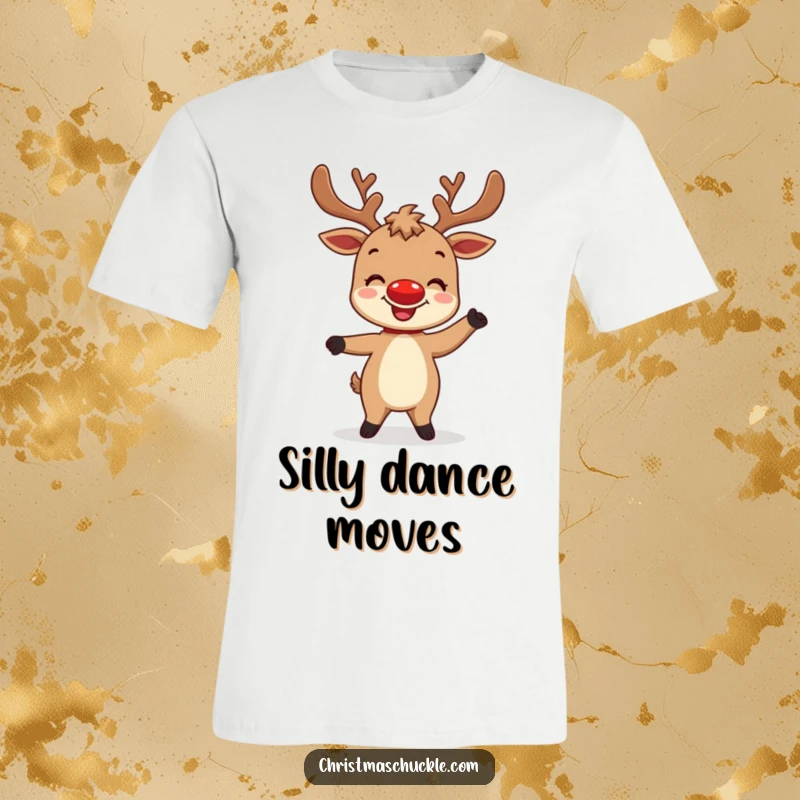 Funny t-shirt depicting a delighted reindeer character with a bright red nose attempting a comical and silly dance, full of holiday cheer.
