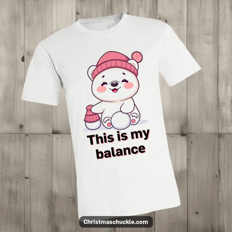 Funny t-shirt showcasing a giggling polar bear character comically balancing a hat and snowball, radiating arctic silliness and joy.
