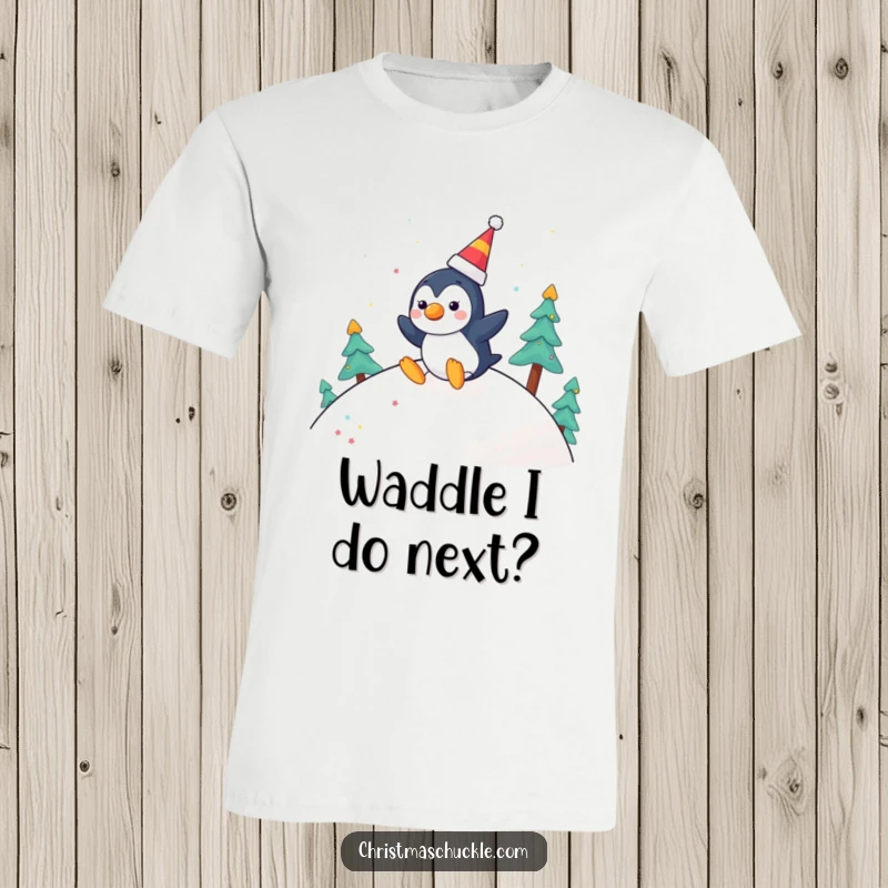 Funny t-shirt print of a cheerful penguin character with a clown nose, happily sliding down a festive hill, embodying winter joy.