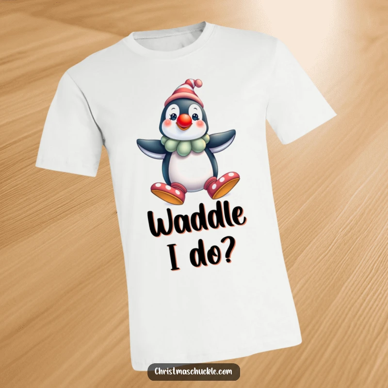 Funny penguin clown t-shirt, festive and jovial, with oversized shoes and a red nose, perfect for spreading cheer, great funny gift.