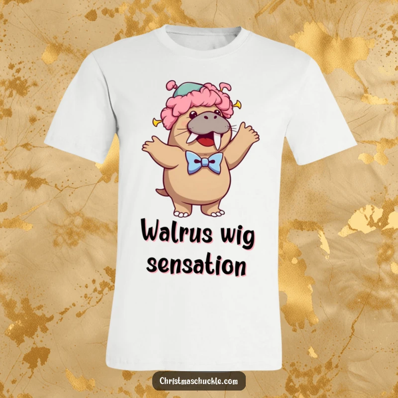 Funny t-shirt depicting a cheerful walrus in a clown wig and oversized bowtie, energetically performing a silly, comical dance.