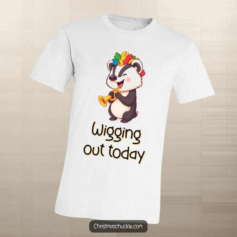 Funny badger with a bright clown wig playing a tiny trumpet with enthusiasm, printed on a soft t-shirt.