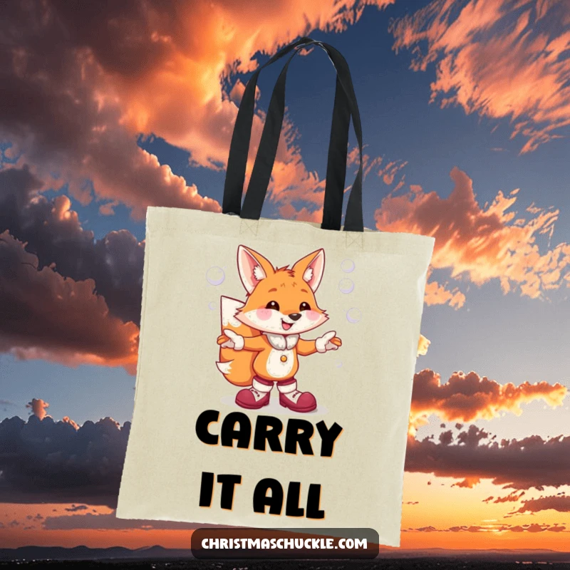 Funny tote bag featuring an animated fox in clown shoes, comically juggling snowball projectiles, perfect for everyday use.