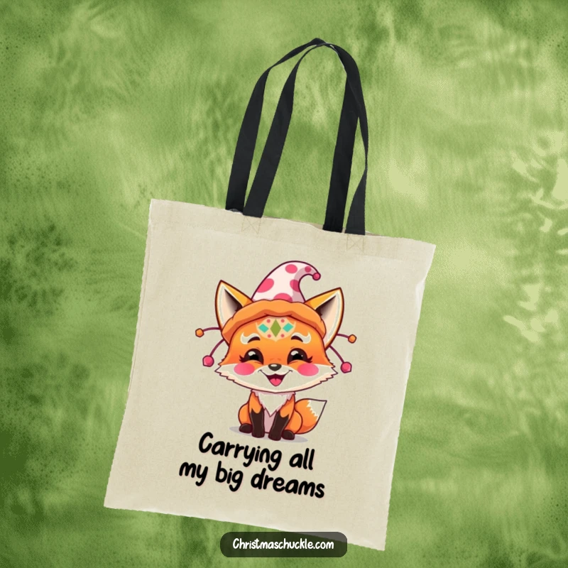 Funny fox with face paint attempting to wear a giant party hat, illustrated on a durable, funny tote bag.