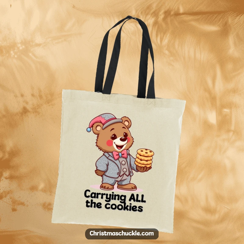 Funny bear clown tote bag, wearing a sparkly suit, determinedly balancing a stack of festive cookies, a chic and comical accessory.