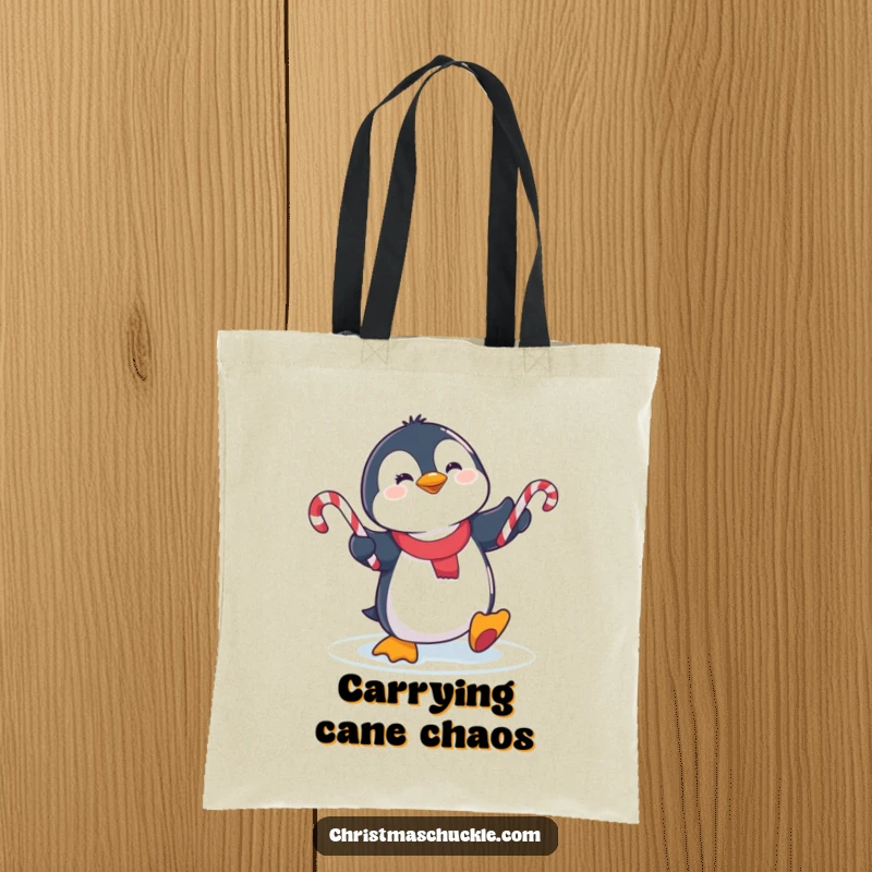 Funny cute penguin slipping on ice while juggling candy canes on a tote bag, ideal for carrying winter items.