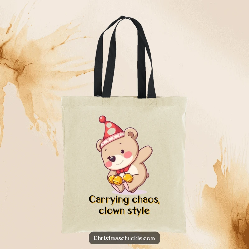 Funny tote bag showcasing a bear in a clown hat and jingle bells tripping hilariously, perfect for carrying your daily dose of humor.