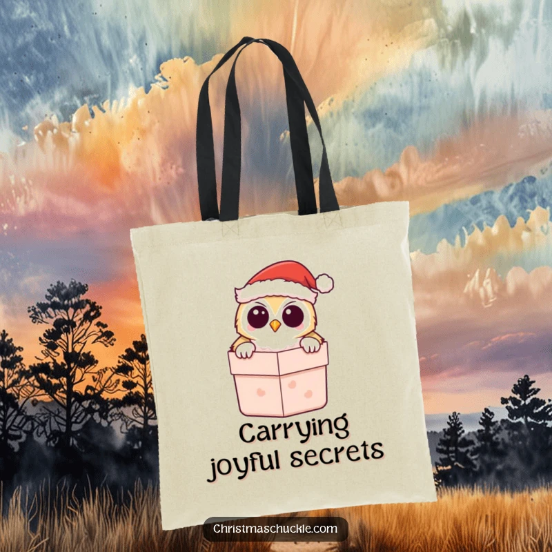 Funny Kawaii Owl Santa Tote Bag, featuring a cute owl peeking from a gift box, great for holiday shopping.
