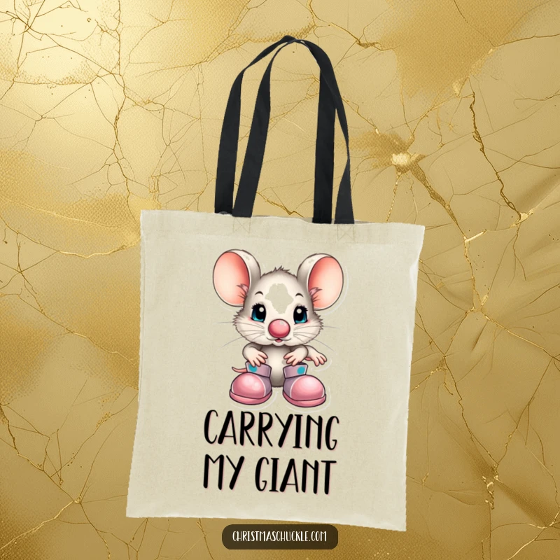 Funny little mouse character in clown attire with a red nose and big shoes on a durable tote bag, designed for carrying items with charm.