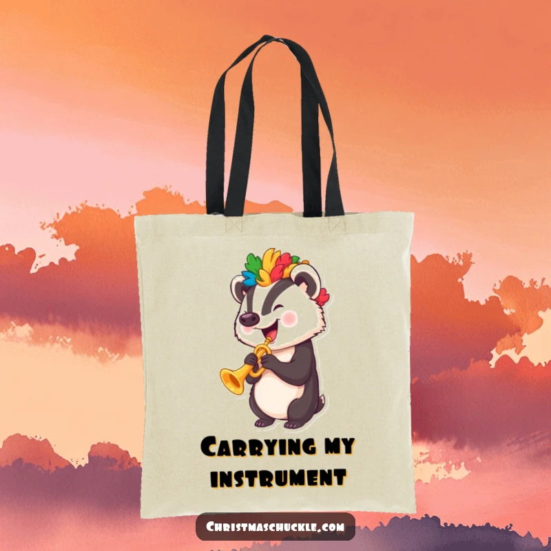 Funny badger with a clown wig and trumpet, illustrated on a durable and funny tote bag.