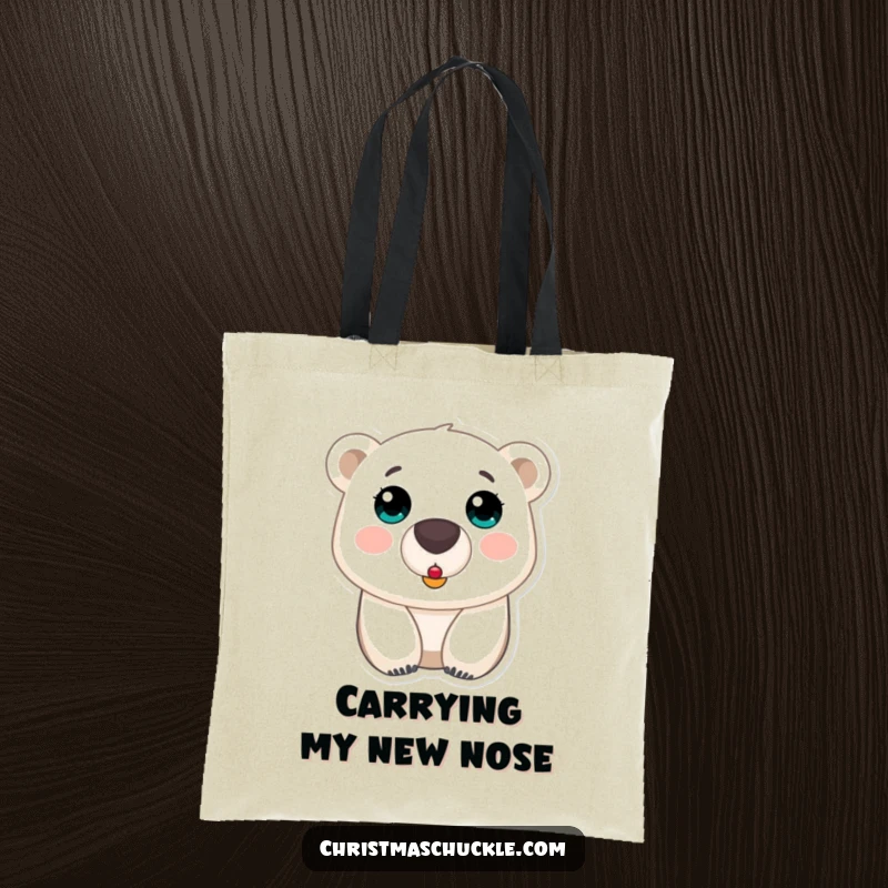 Funny polar bear clown nose tote bag, a shocked bear with a tiny red nose, perfect for carrying essentials with a smile.