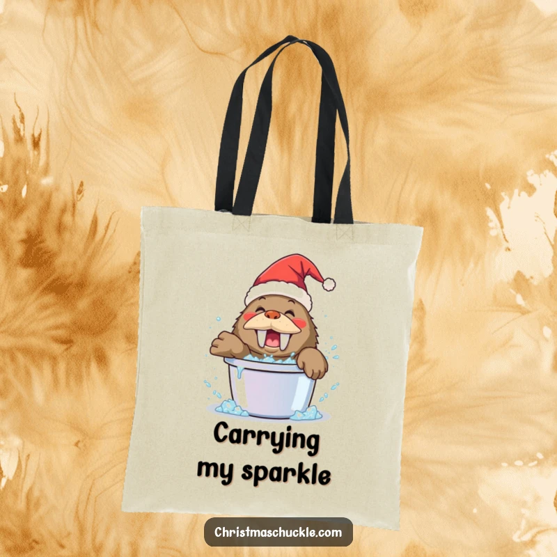 Funny walrus clown tote bag, wearing a Santa hat, playfully splashing in a bucket of glitter, a chic and comical accessory.