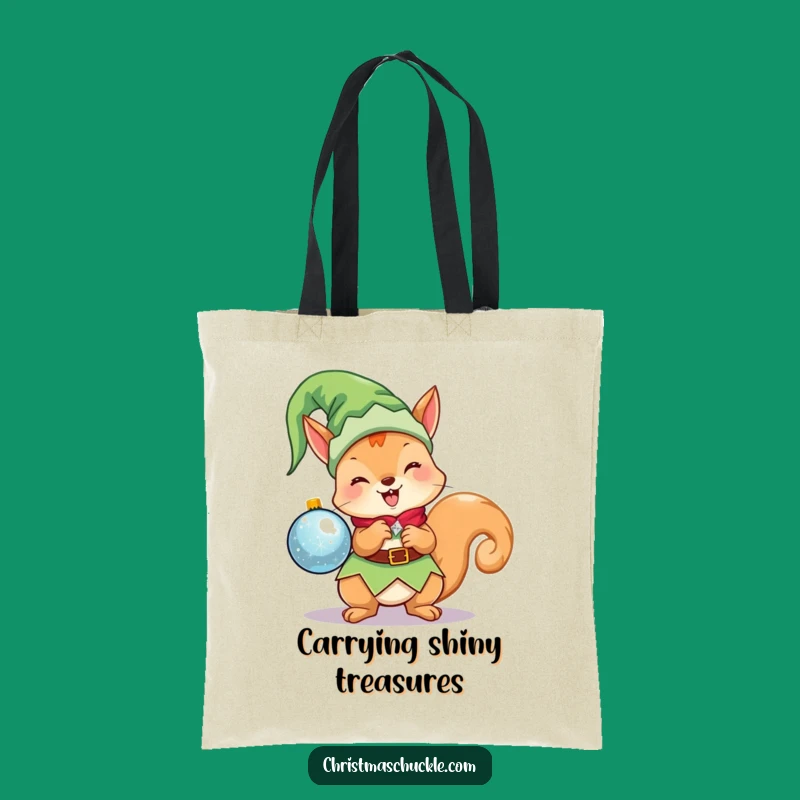 Funny Kawaii Elf Squirrel Tote Bag: Cute Christmas Character Holding Ornament, Handy Funny Gift