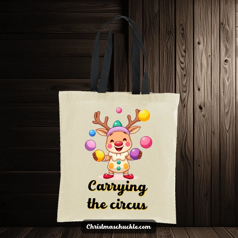 Funny tote bag showcasing a smiling reindeer clown juggling brightly colored balls, a delightful accessory for holiday shopping.