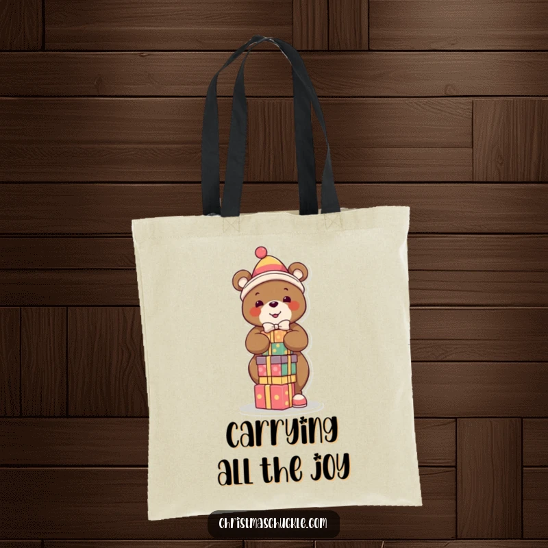 Funny tote bag featuring a bear clown balancing presents, perfect for everyday use and carrying items with festive humor.