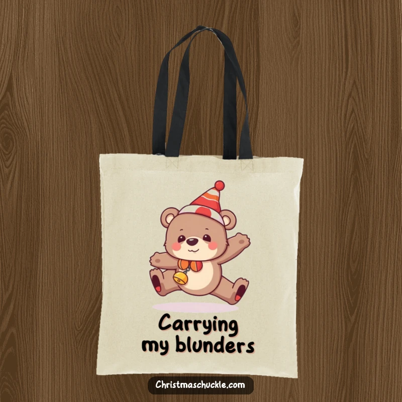 Funny bear tote bag featuring a clumsy bear in holiday attire, hilariously tripping, perfect for carrying essentials.