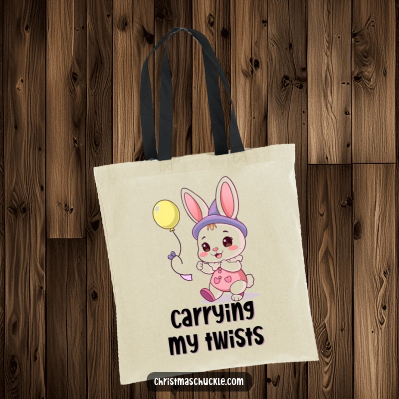 Funny tote bag depicting a joyful bunny clown meticulously twisting a colorful balloon animal for your enjoyment.