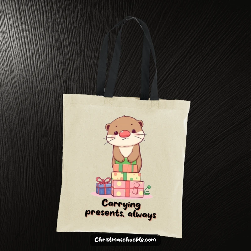 Funny cute otter balancing on presents, wearing a clown nose, printed on a practical and funny tote bag.