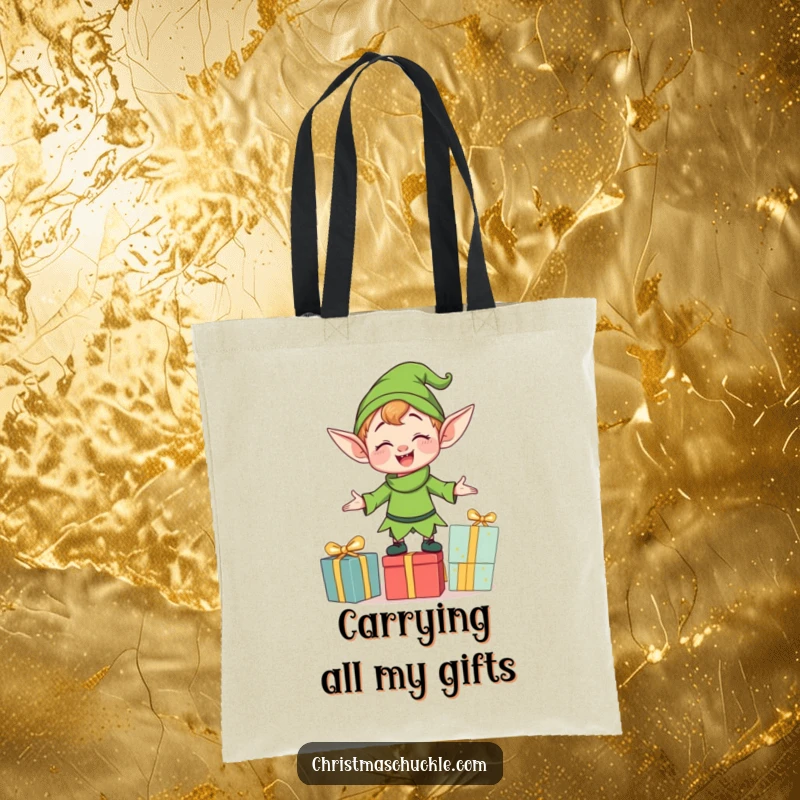Funny clumsy elf character balancing a stack of gifts on a durable tote bag, designed for carrying items with a dose of holiday fun.
