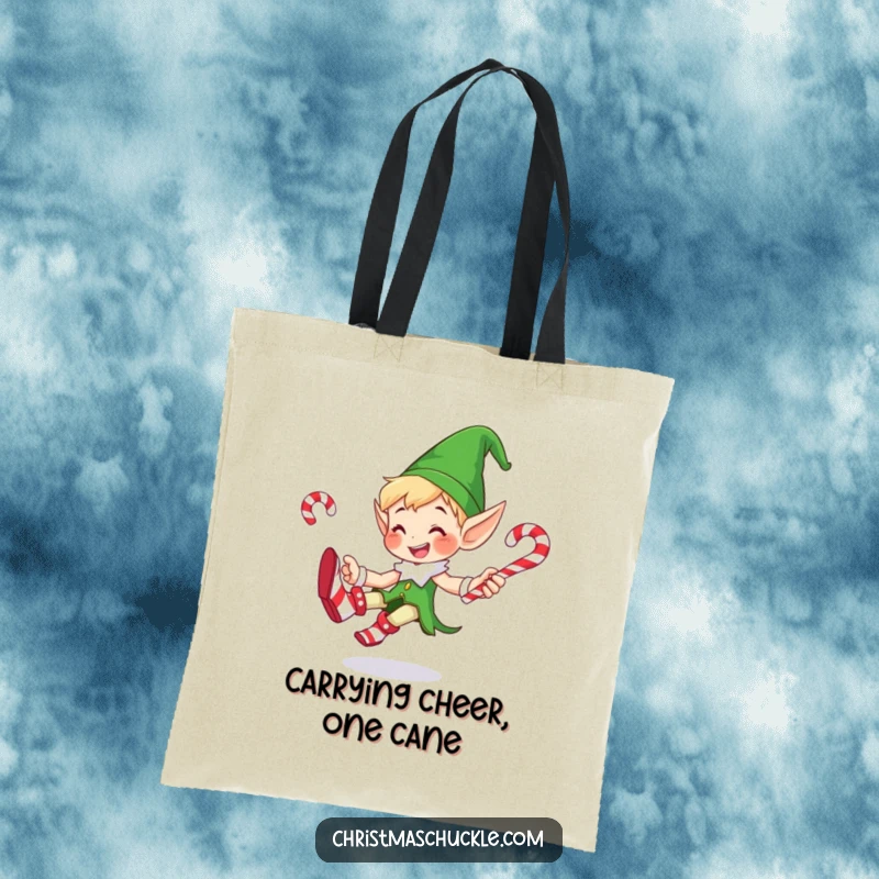 Funny tote bag showing a smiling elf wearing giant clown shoes, juggling candy canes with a mischievous grin, perfect for carrying groceries.