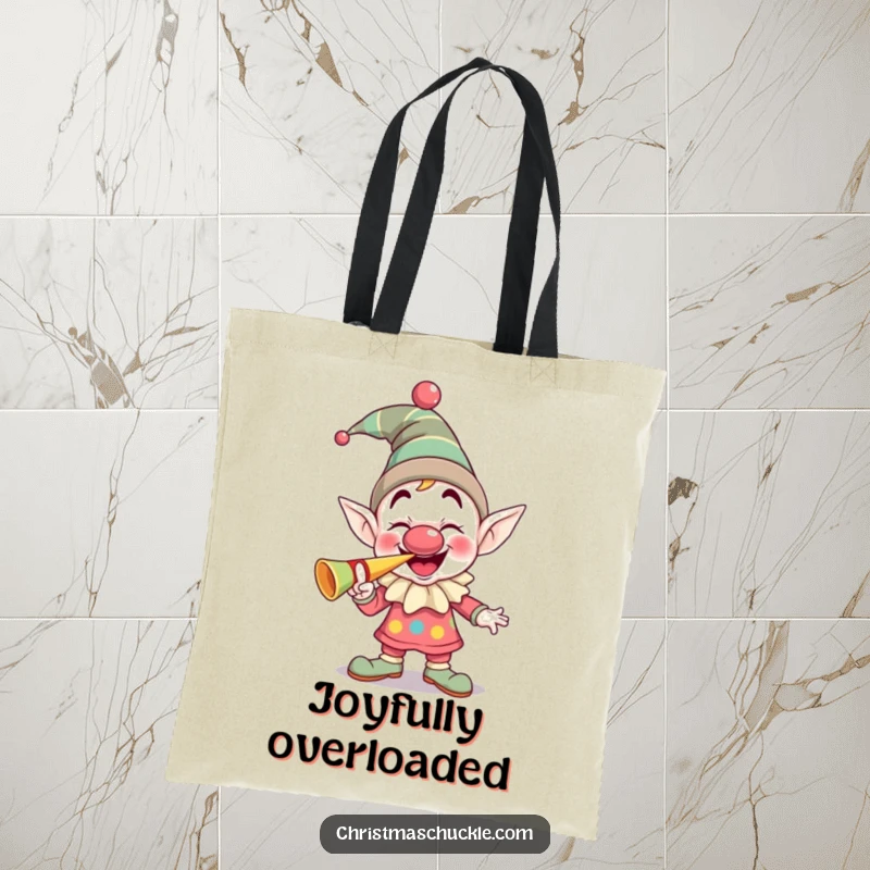 Funny giggling elf clown with a squeaky nose blowing a party horn, a humorous tote bag for carrying party supplies.