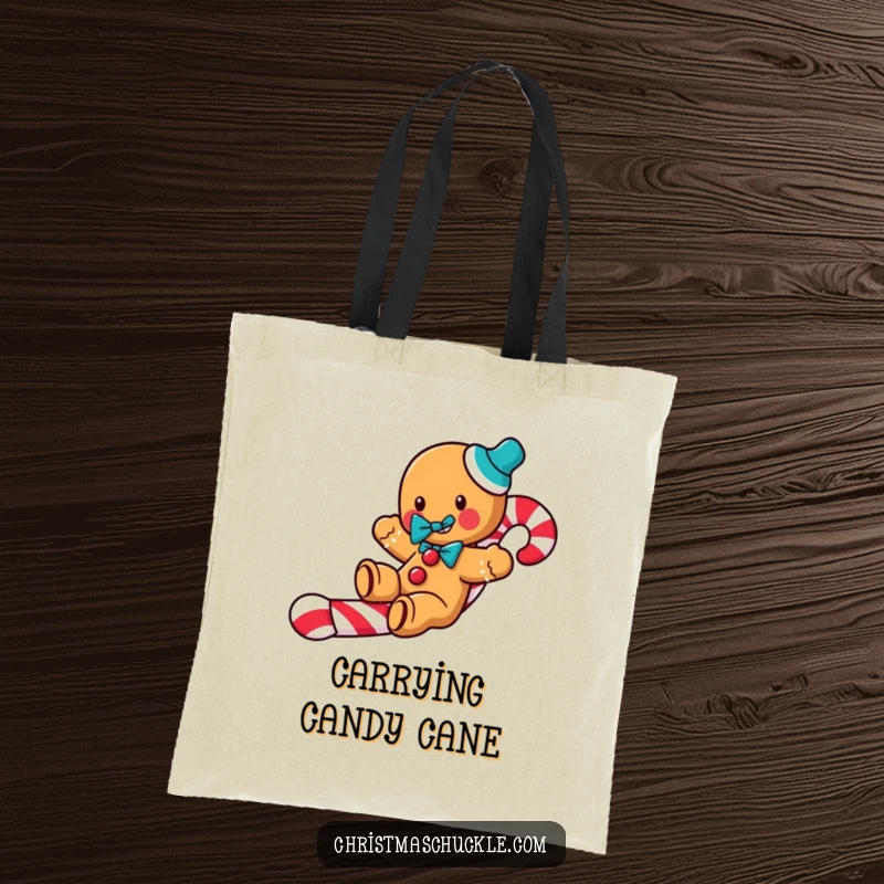 Funny Gingerbread Clown Tote Bag: A jolly gingerbread man with a clown bow tie slides down a candy cane, perfect for holiday shopping.
