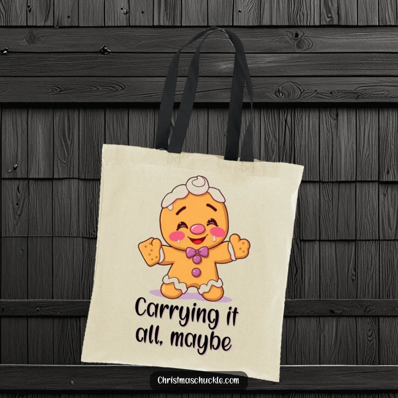 Funny gingerbread man clown tote bag, blushing with frosting on face, trying to balance crackers, a chic and comical accessory.