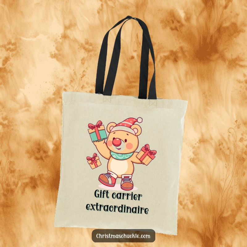 Funny bear in clown shoes and nose juggling presents, on a durable tote bag for stylish and humorous carrying.