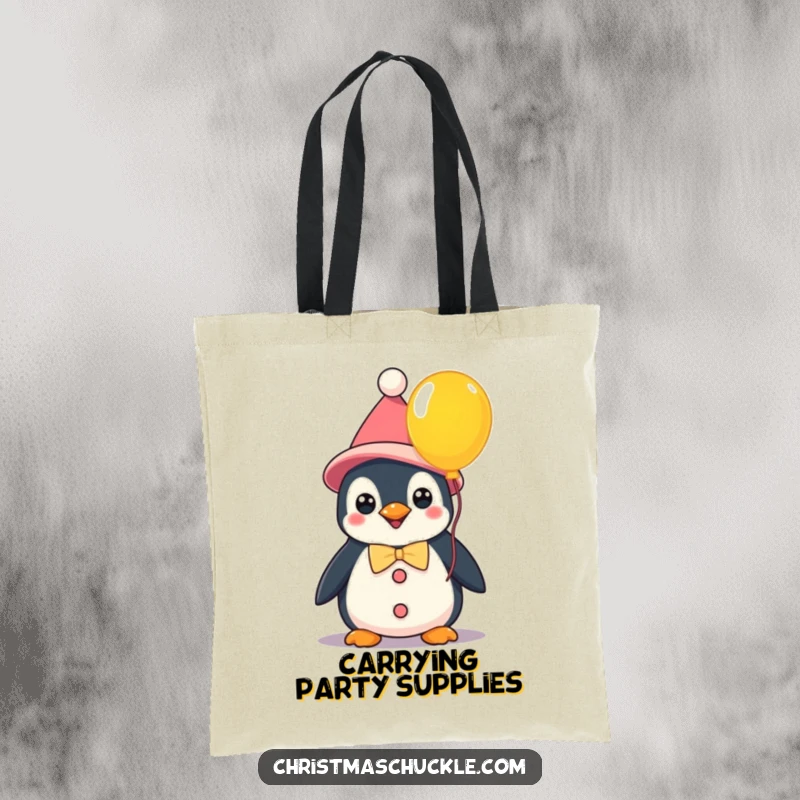 Funny kawaii penguin clown holding a balloon, a vibrant tote bag for carrying items with whimsical humor and style.