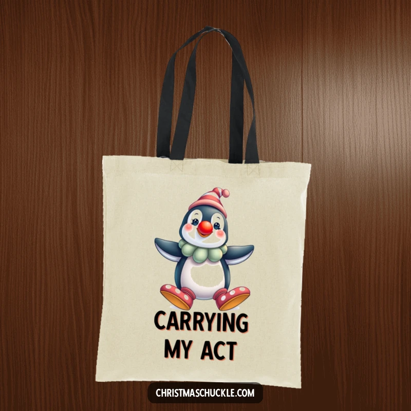 Funny penguin clown tote bag, festive and cheerful, carrying essentials with oversized shoes and a red nose, a practical and humorous accessory.