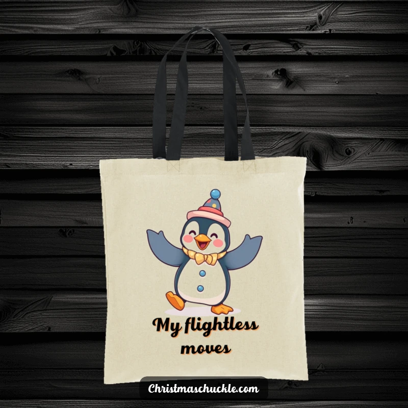 Funny penguin tote bag, a penguin dressed as a clown, attempting a silly dance with flapping arms, humorous accessory.