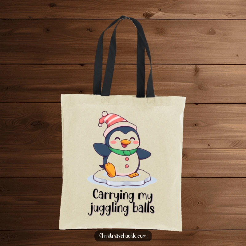 Funny tote bag featuring a smiling penguin dressed as a clown, comically slipping on an icy patch, ideal for carrying essentials with humor.