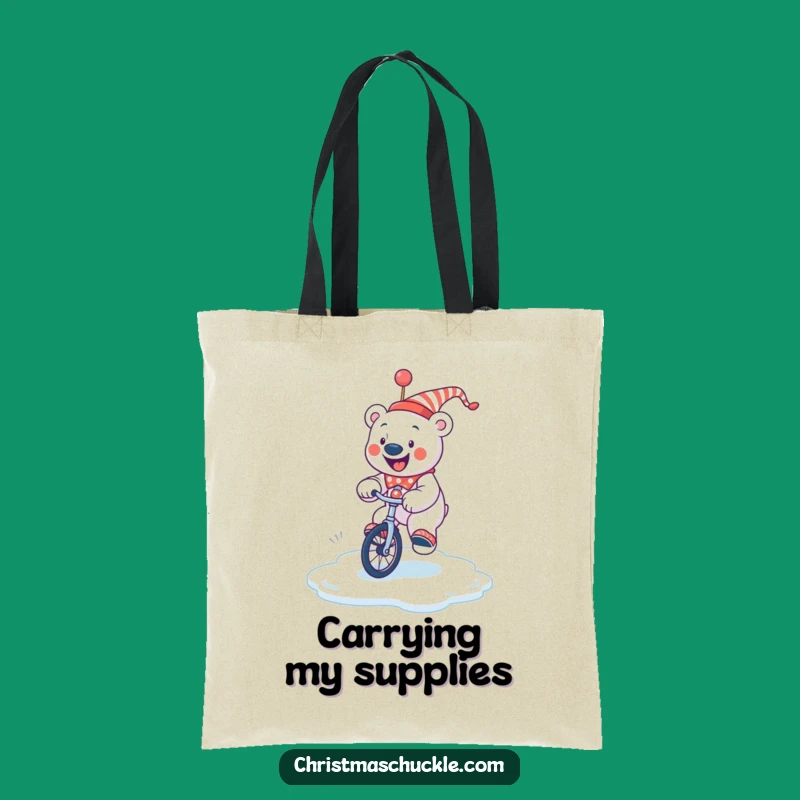 Funny Polar Bear Clown Tote Bag: Unicycle Ice Ride, Hilarious Winter Shopping Gift