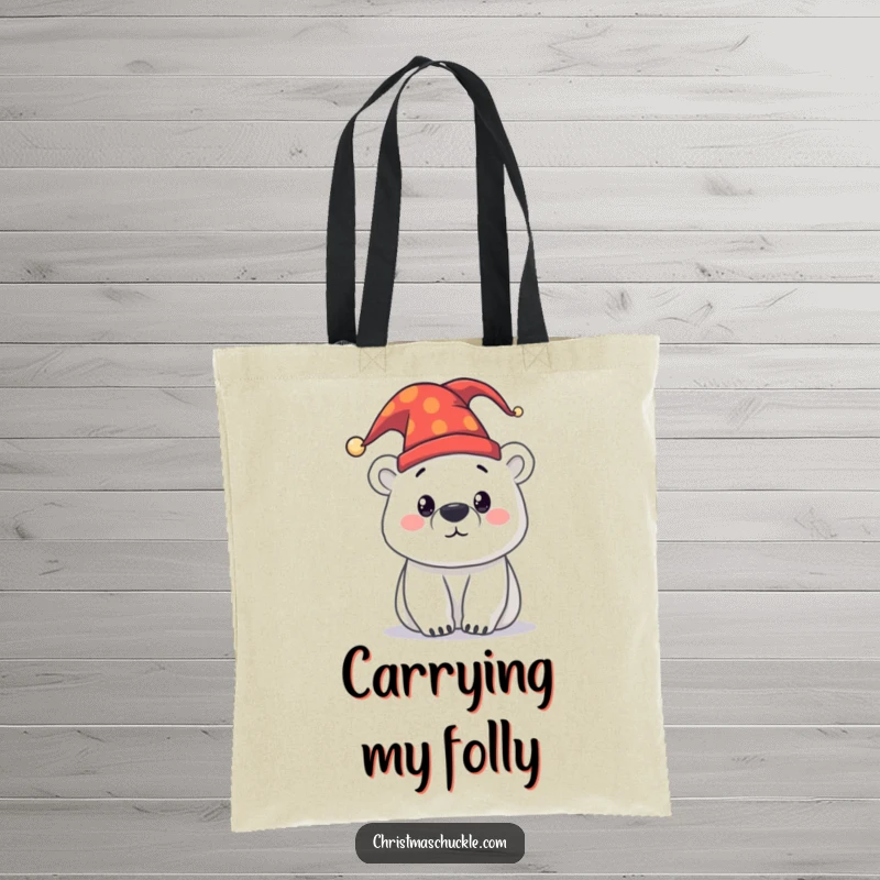 Funny curious polar bear in a jester hat on a durable tote bag, designed for carrying essentials with a dose of arctic-inspired fun.