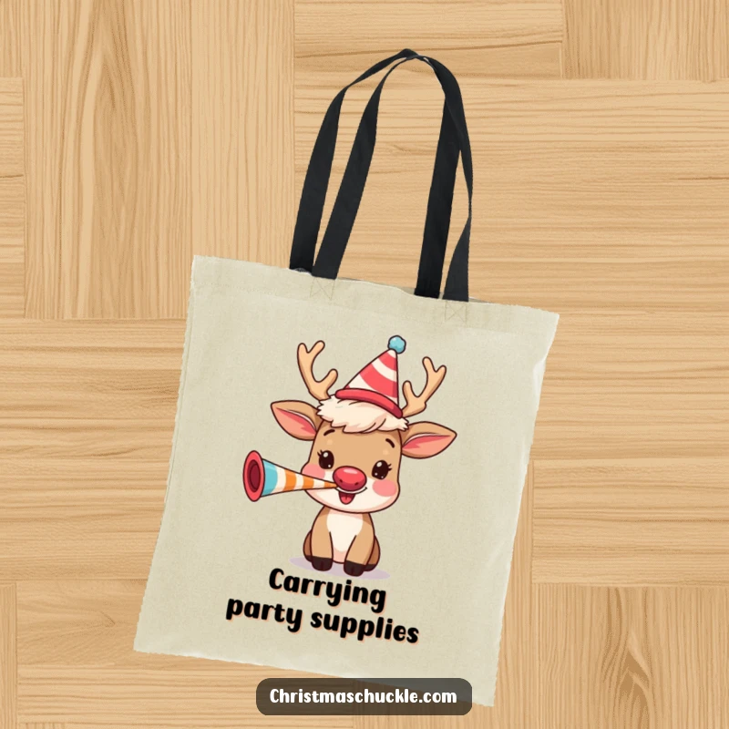 Funny reindeer with a clown wig happily blowing a party horn, on a durable tote bag for stylish and humorous carrying.