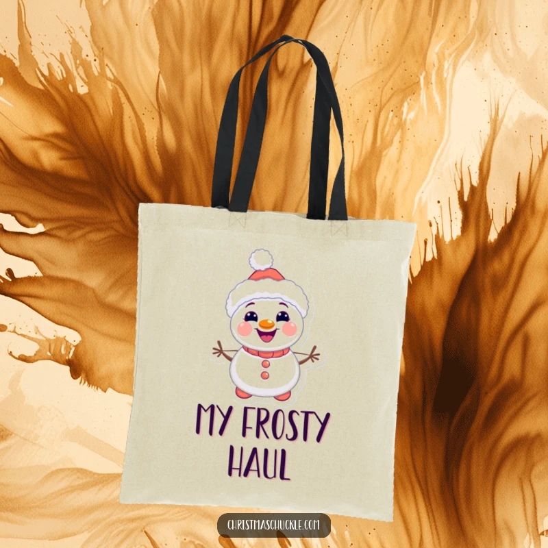 Funny kawaii snowman clown tote bag, smiling and cute, with carrot buttons, a practical accessory with winter fun, perfect funny gift.