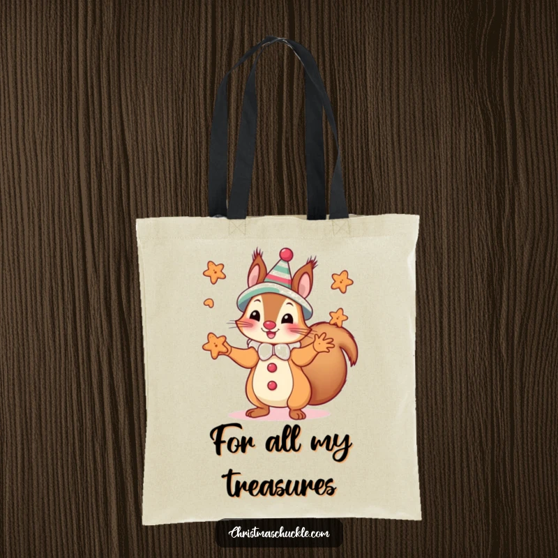 Funny squirrel in clown attire juggling gingerbread cookies, illustrated on a durable and funny tote bag.