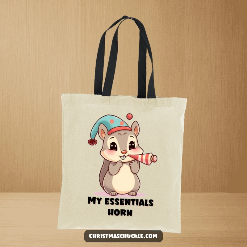 Funny tote bag featuring a cute squirrel character in a festive hat, honking a tiny clown horn with joyful abandon.