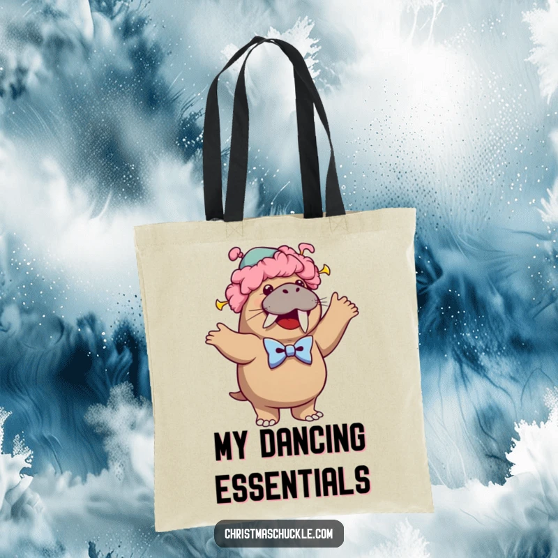 Funny tote bag featuring a cheerful walrus dressed as a clown, wearing a wig and bowtie, performing a silly dance moves.
