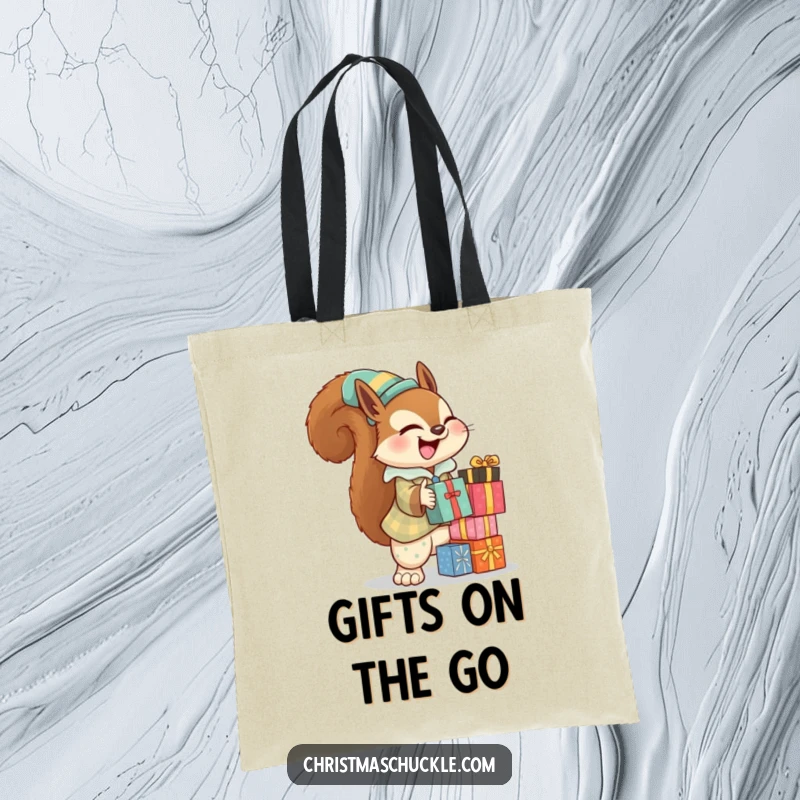 Funny squirrel clown tote bag with a giggling squirrel in a tiny clown suit, balancing gifts, great for everyday use.