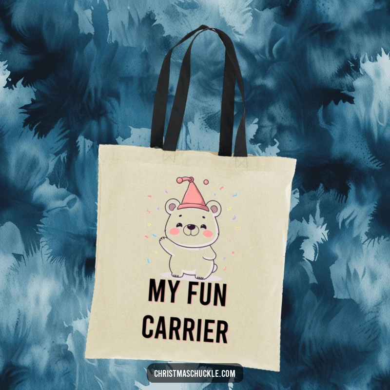 Funny tote bag featuring a smiling polar bear character in a tiny jester hat, joyfully tossing confetti, a festive carry-all.