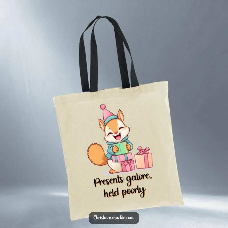 Funny tote bag showing a giggling squirrel in a clown suit, hilariously trying to balance a stack of presents, great for shoppers.