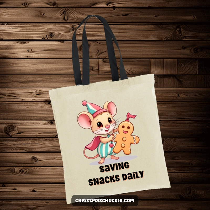 Funny tote bag with a tiny mouse clown heroically saving a gingerbread man, great for shopping and humor.